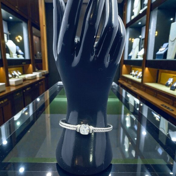 Silver Cable Cuff Bracelet Crystal Center Minimalist Elegant Timeless Preppy - Picture 1 of 6